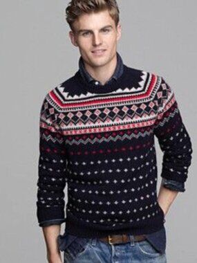 J.Crew Fair Isle Crew Neck Ski Sweater XS Navy Red Nordic Pattern Cozy